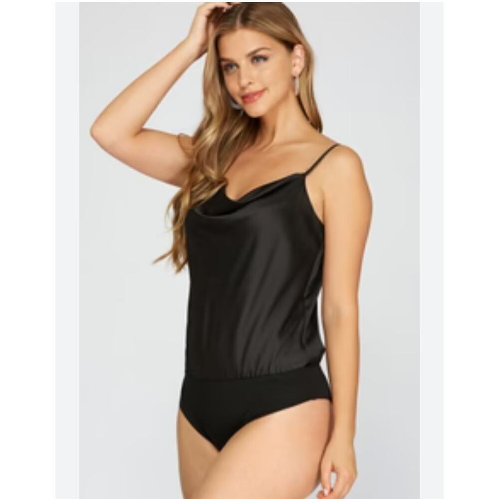 ☀️Kaileigh Spaghetti Strap Cowl Neck Cami One Piece Bodysuit Black Women's L